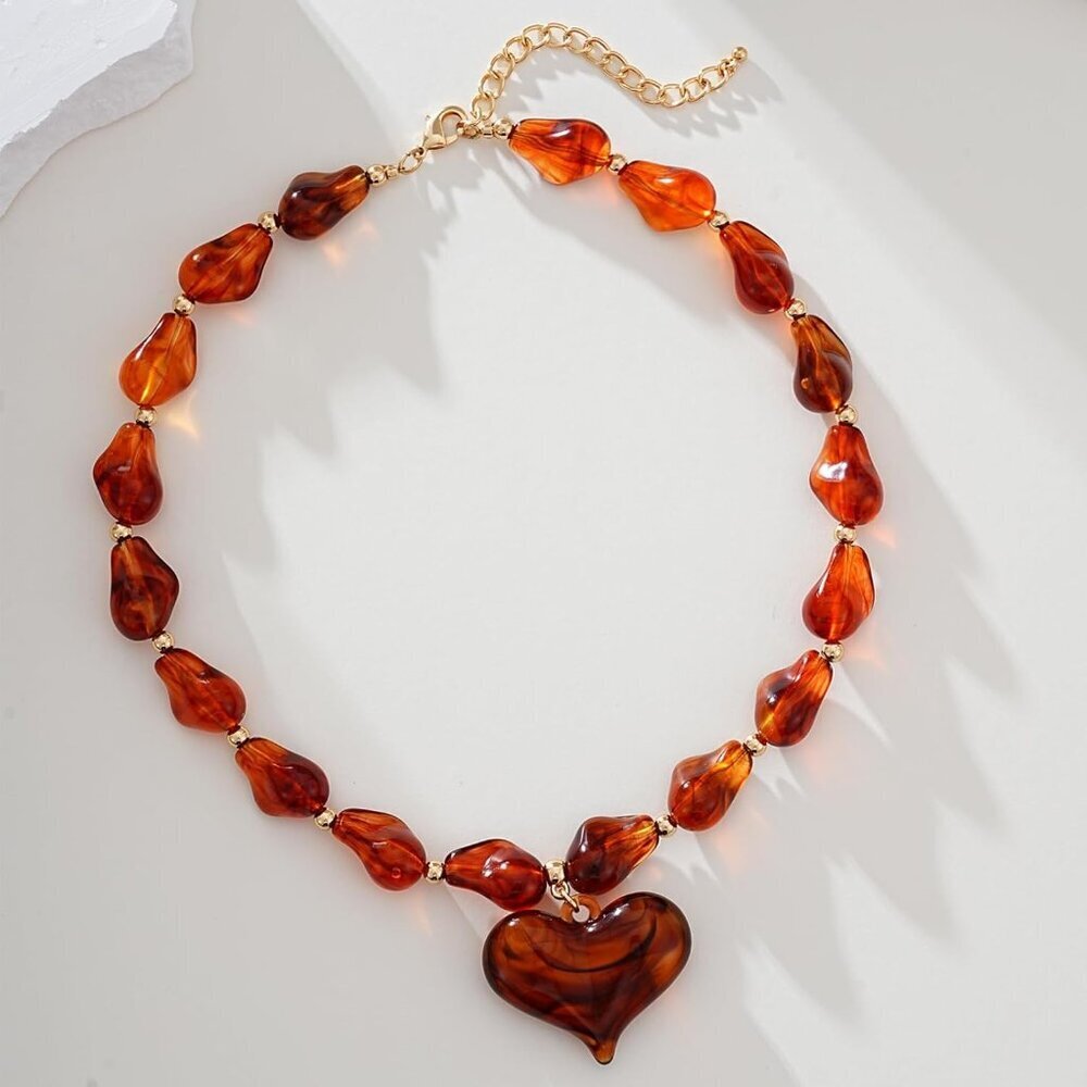 Women's Adjustable Y2K Style Statement Chunky Beaded Choker Puffy Heart Necklace - Picture 7 of 7